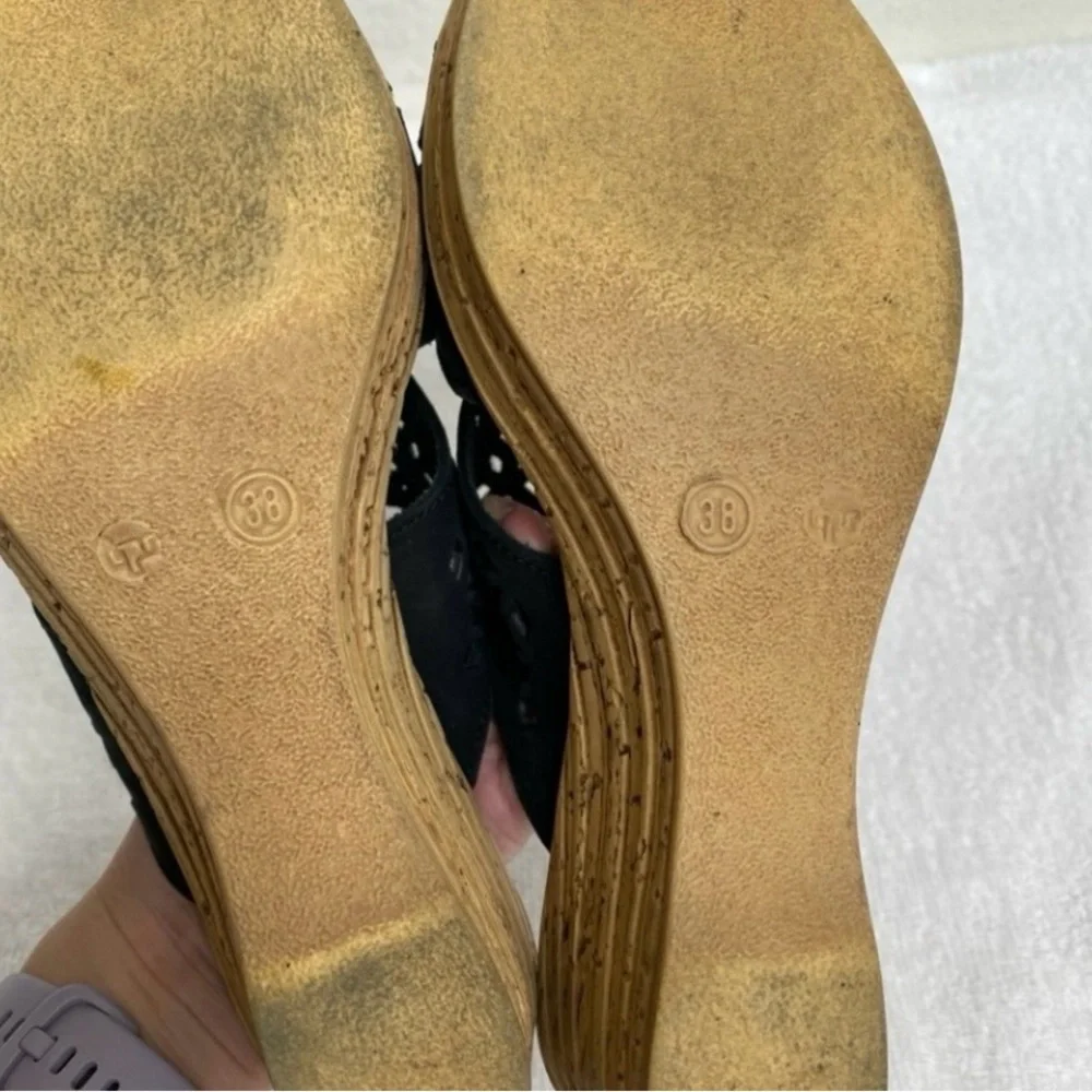 Spring Step Women Black Leather Perforate Faux Cork Wedge Platform Sandal Sz 7.5